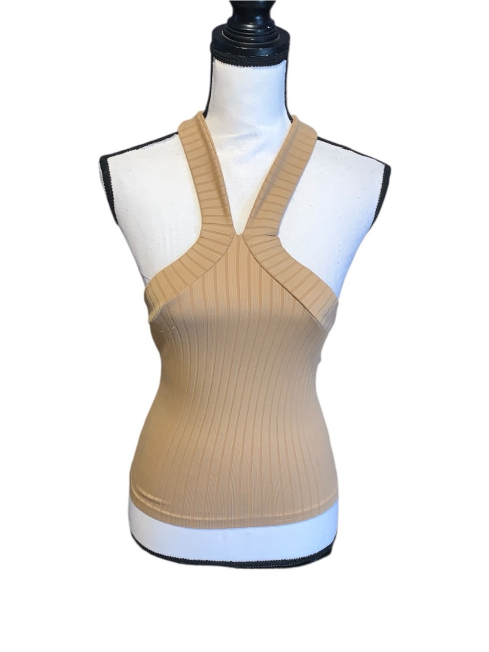 Bloom Seasons Mocha Ribbed Wide Strap Sleeveless Halter Tank Top